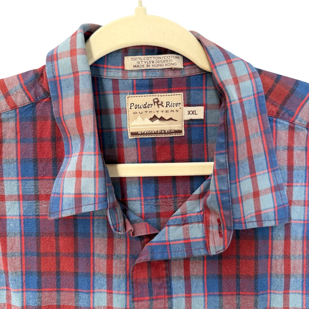 Powder River Outfitters Mens XXL Red Blue Plaid Cotton Western Pearl Snap Shirt